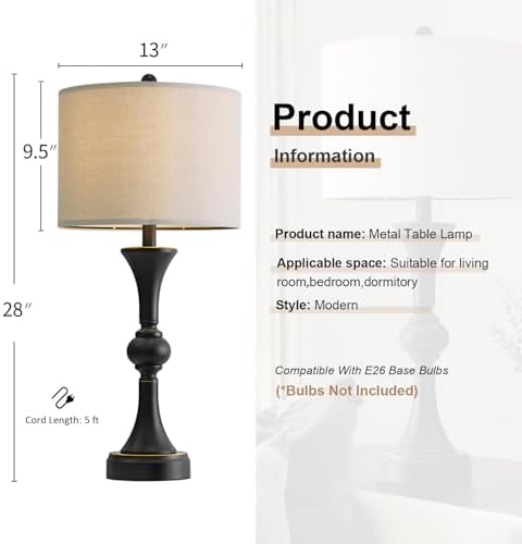 Oneach 28" Black Tall Table Lamps Set of 2 for Living Room, USB Ports