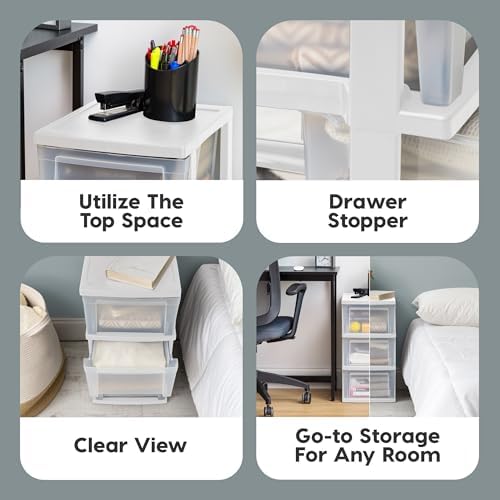 IRIS USA 3-Drawer Slim Narrow Storage Organizer, 2-Pack, White/Clear