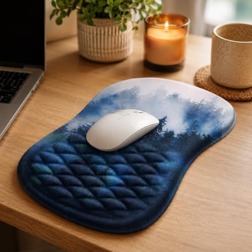 Ergonomic Mouse Pad with Wrist Rest, Mouse Pad with Memory Foam Massage Support, Non-Slip PU Base, Comfortable Typing Cushion for Home Office Computer Laptop, Forest