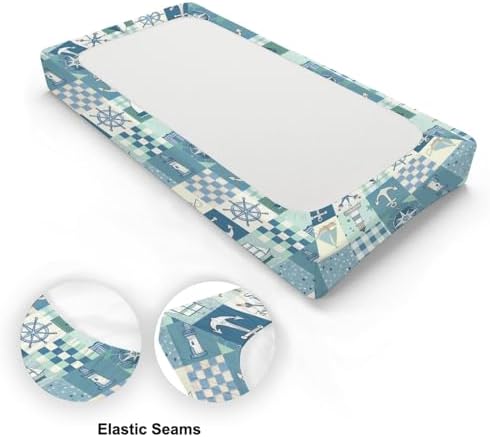 Ocean Boats Sea Lighthouse Checkered Patchwork Baby Changing Pad Cover, Unisex Sailor Nursery Diaper Changing Table Pad Mat Sheet for Boys Girls-16x32