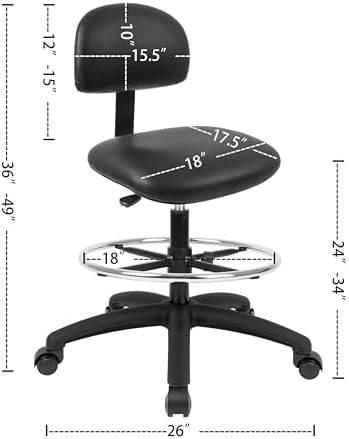 FSS Series Square seat Tall (24"-34") seat Height Chair. Vinyl-for Office, Garage, Desk, Shop, Computer, Doctor, Medical, Easy to Clean! 18" Footring (Black, Tall, Self Braking Casters)