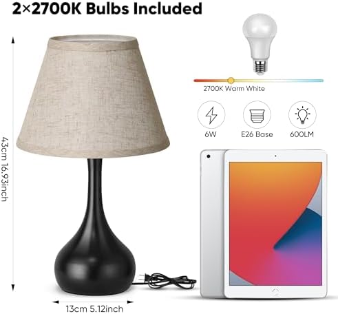 Touch Table Lamp for Bedroom 1Pack, 3-Way Dimmable Bedside Lamp for Nightstand, Farmhouse Metal Desk Lamp with Linen Shade for Living Room, Kids Reading, Dorm, Home Office Decor, Bulb Included