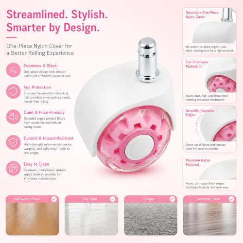 Pink Office Chair Wheels with Seamless One-Piece Nylon Cover, 2 Inch Rubber Gaming Wheels Replacement, Smooth Rolling for Hardwood Carpet Tile Floors, 11 * 22mm Universal fit