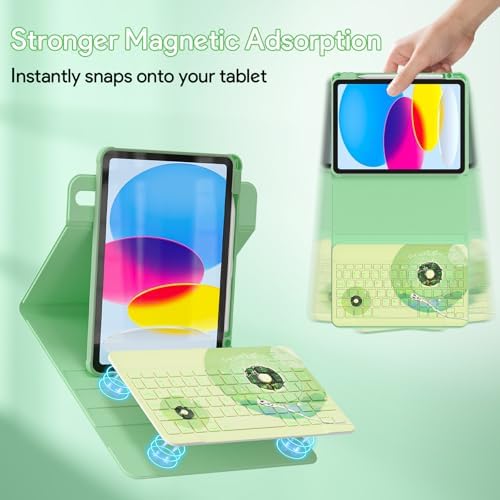 YBING Keyboard Case for iPad 10th Gen 10.9 inch (2022) & 11th Gen (A16, 2025), Bluetooth Wireless Detachable Keyboard with Green Music Painted Patterns, 360 Rotatable Magnetic Case with Pencil Holder