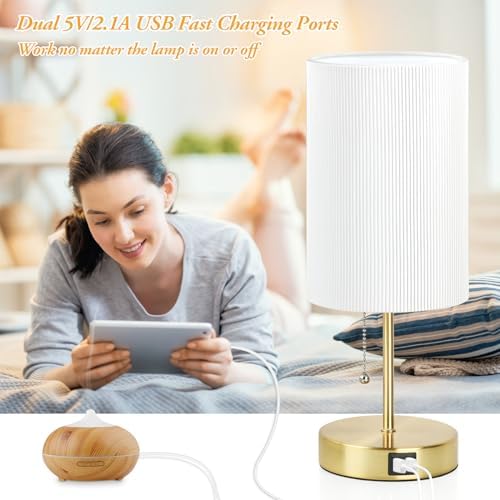 Lakumu 2 Sets Table Lamps with 2 USB, Minimalist Beside Lamps for Bedroom, Nightstand Lamp with Pull Chain, Desk Lamps with White Pleated Shade and Gold Metal Base for Living Room Dorm Reading Hotel