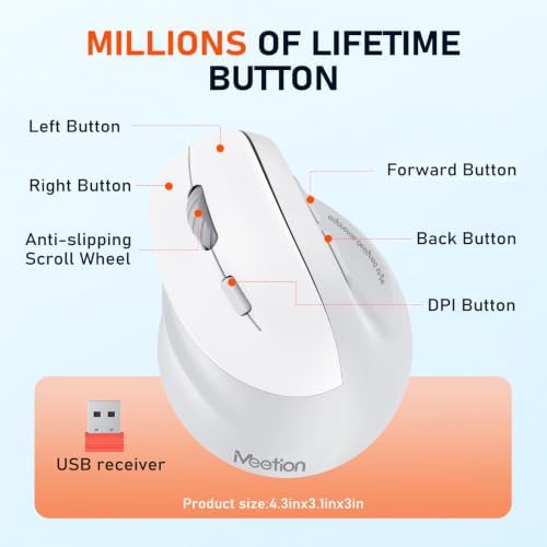 MEETION Left-Handed Wireless Ergonomic Vertical Mouse, Rechargeable - Gray
