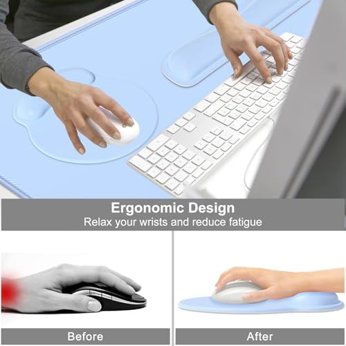 Dapesuom Large Gaming Mouse Pad, Mouse Pads with Wrist Rest Wrist Support, 4in1 Big XXL Desk Mat Desk Pad + Ergonomic MousePad + Memory Foam Keyboard Mat Wrist Rest + Coaster Set for Computer,Sky Blue