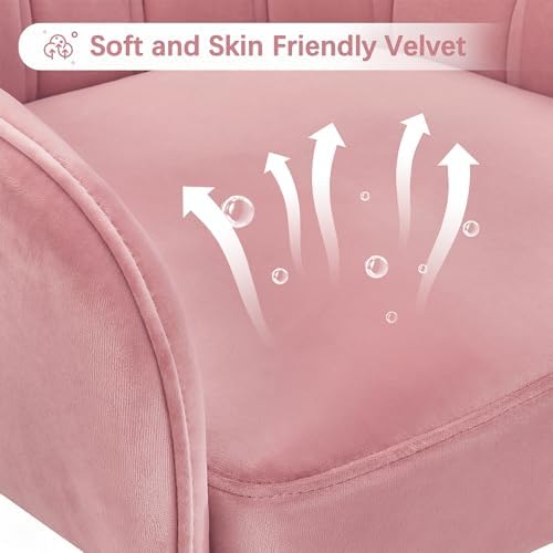 VECELO Modern Velvet Swivel Home Office Desk Chair with Back & Rolling Wheels, Adjustable Seat Height for Girls Women Bed Room Vanity Makeup/Task/Computer Work, Pink