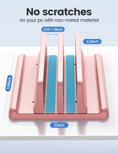 Vaydeer Vertical Laptop Stand for Desk, Dual Slots Plastic Laptop Holder with Space Saving 4-in-1 Design, Adjustable Laptop Stand Supports MacBook, Chromebook, Surface, Dell (Pink)