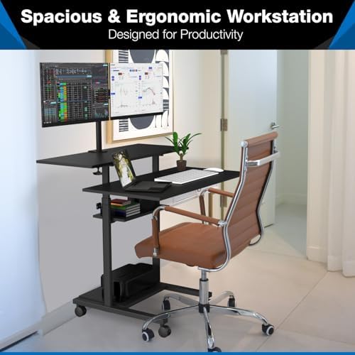 Mount-It! Mobile Standing Desk with Dual Monitor Mount - 40 Inch Wide Height Adjustable Rolling Computer Workstation with Four Wheels,