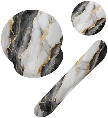 Black Gray Gold Marble Keyboard Wrist Rest Pad and Mouse Pad Wrist Support Set,3-in-1 Ergonomic Mouse Pad with Non-Slip Rubber Base for Home Office Game Computers Desk,