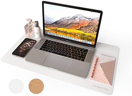 RENMTURE Dual-Sided Mouse Pad, Natural Cork & PU Leather Large Desk Pad for Office and Home Work, Desk Protector Non-Slip, Waterproof, Easy Clean (White, 23.6" x 13.7")