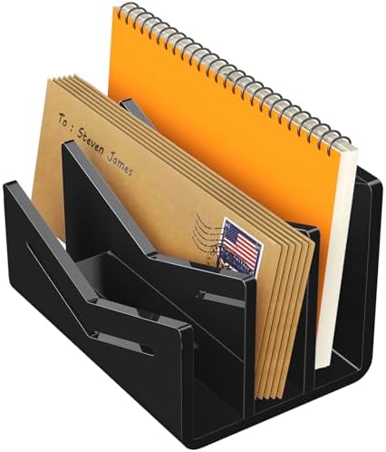 Beego Envelope and Mail Organizer Countertop - 3 Compartments Black Acrylic Desk Organizer Letter Holder Desktop File Sorter Bill Document Folder Rack for Office, Home, School Desk Organization