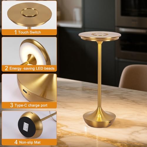 Cordless Table Lamp Set of 2,Portable Rechargeable 6000mAh Outdoor LED Table Lamps,3 Color Stepless Dimming Touch Battery Powered Lamp, Table Light for Restaurant/Patio/Camping/Bedroom(Gold)