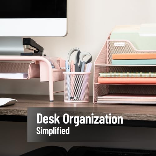 Mind Reader Pen and Accessories Holder, Desktop Organizer, Office, Metal Mesh, 3.5"L x 3.5"W x 3.75"H, Set of 3, Pink