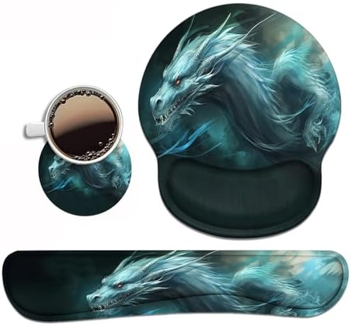 Keyboard Wrist Rest and Mouse Pad Wrist Support Set with Coasters, Ergonomic Gaming Mousepad Non-Slip PU Base for Home Office Working Studying Easy Typing & Pain Relief - Dragon