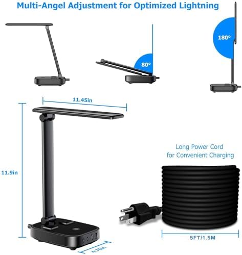 Yostyle LED Desk Lamp with 4 USB Charging Ports and 2 AC Outlets,5ft Extension Cord Power Strip Station, 3 Level Brightness, Touch Dimmer Control, Office Table Eye Care Lamp Bedroom Hotel