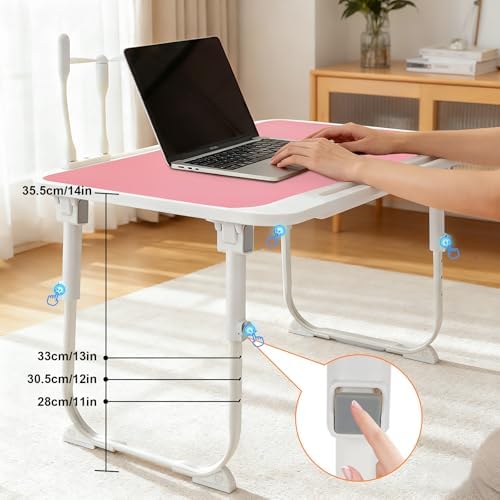 Laptop Desk for Bed, Adjustable Height Laptop Bed Table, Foldable Lap Desk with USB Charge Port, Desktop Card Slot, Side Drawer, Book Shelf, Portable Lap Tray for Eating Reading Working Sofa & Floor