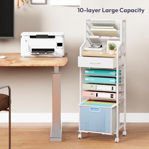 SWTYMIKI 10-Tier Rolling File Cart - Mesh Paper Organizer with Drawer and Hanging File Folders on Lockable Wheels, Rolling File Cabinet for Office Organization, Storage in Home, Studio, School, White