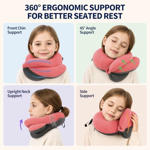 BUYUE Kids Travel Pillows for Airplane, Memory Foam 360° Head Support Sleeping Essentials for Girls Long Flight, Skin-Friendly Soft Neck Pillow for Traveling in Car Seat, (Small, Pink Grey, 40-90 lbs)