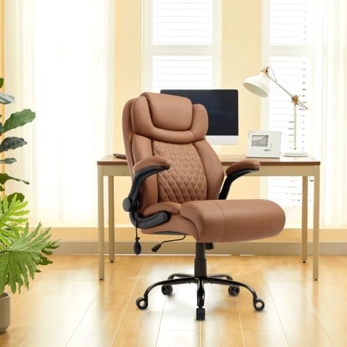 500LBS Big and Tall Executive Office Chair with Adjustable Lumbar Support,Extra Wide Seat for Ergonomic Computer Desk Chair Flip-up Arm,Home Office Chair Spring Cushion Upgraded Metal Base, PU Brown