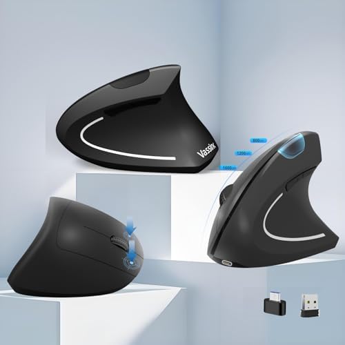 Vassink Ergonomic Mouse, Rechargeable Wireless Mouse,2.4GHz Rechargeable Wireless Vertical Optical Mice with USB Receiver, 6Buttons, 800/1200/1600 DPI, for Laptop, PC, Computer