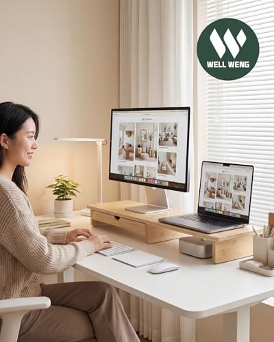42” Monitor Stand with Large Drawer Keyboard Storage,Bamboo