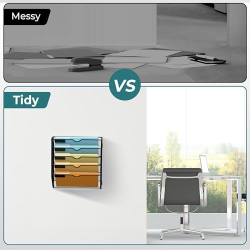 SUPEASY 5 Tier Wall File Organizer, Hanging Wall Mounted Mail Organizer with Label Slots, Metal Mesh File Holder Magazine Rack for Office, Home, School or Classroom, Black
