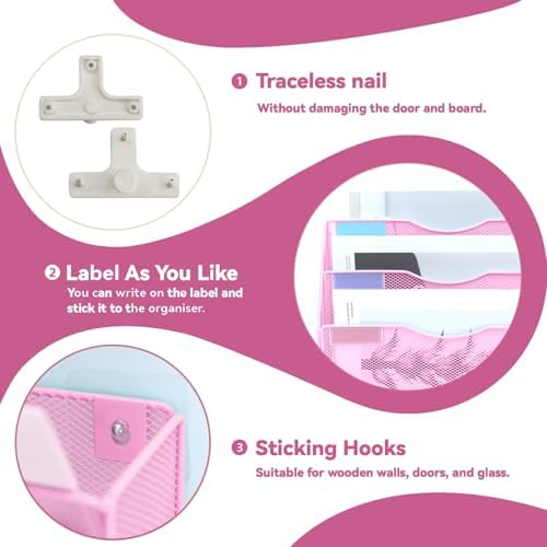 8 Pockets Mesh Wall File Holder Organizer Office Hanging File Folder Magazine Rack, Nametag Label Hooks Set Included (Pink)