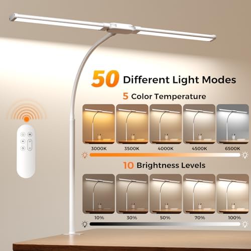 SKYLEO LED Desk Lamp with Clamp - Double Head Desk Light with Remote and Touch - Eye Protection - 12 W, 5 Color Modes, Timer and Memory Function, Flexible Gooseneck - for Office, Reading - White