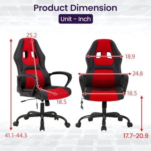 Gaming Chair Ergonomic Office Chair Racing Desk Chair Massage PU Leather Adjustable Chair with Lumbar Support Headrest Armrest Task Rolling Swivel Computer Chair for Adults(Red)