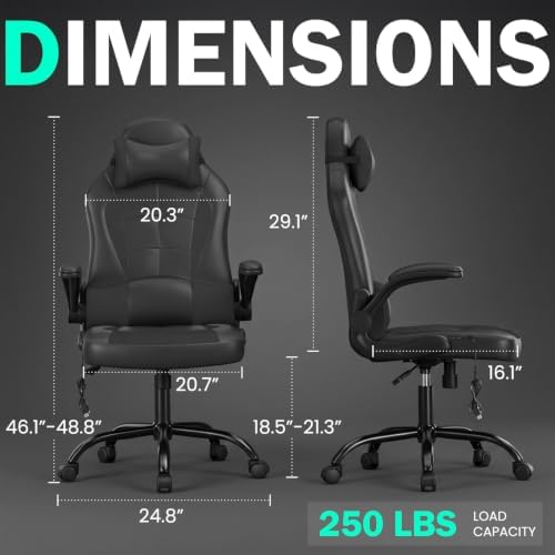 BestOffice Ergonomic Gaming & Office Seat with Lumbar Support, Massage Executive PU Leather Chair - Adjustable Headrest, Swivel Rolling Computer Desk Recliner for Adults Women (Black)