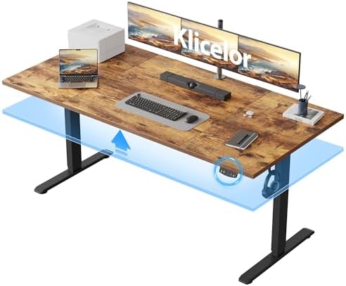 Klicelor 63 Inch Large Electric Standing Desk, Height Adjustable Office Desk, Sit Stand Up Computer Gaming Desk with Memory Preset, Three-Piece Desktop, Rustic Brown