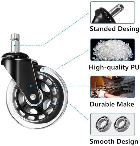 Office Chair Wheels - Replacement Rubber Wheels - Universal Fit 3 Inch Casters, Heavy-Duty Chair Casters, Noise Free, Fits 98% Chair