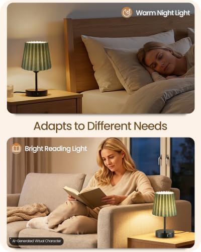 Small Bedside Table Lamps Set of 2, Touch Dimmable Table Lamps with USB Ports, Nightstand Lamps with 2 Stepless Dimming LED Bulbs, E26 Base, for Bedroom, Study, Black and Green J16TLP205