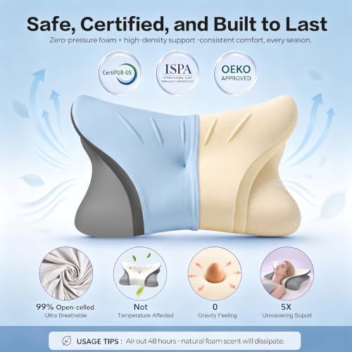Pain Relief Cervical Neck Pillow, Ergonomic Contour | Q-Max Cooling | Non-Temperature Memory Foam | Side/Back/Stomach Sleeper Support for Sleeping, Reading, Scrolling (Blue & Dark Grey)