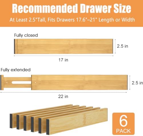Bamboo Drawer Dividers, Adjustable Drawer Organizers, Fits 17.6–21" Drawers