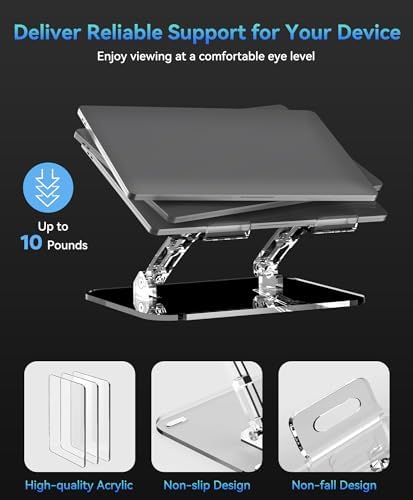 Lpoake Acrylic Laptop Stand for Desk, Adjustable Ergonomic Laptop Riser, Portable Foldable Computer Stand, Compatible with 10 to 15.6 Inches Notebook and MacBook, Clear