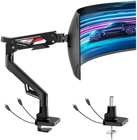 ARES WING Gas Spring Ultrawide Monitor Arm 57" 66Lbs USB VESA Dual Base