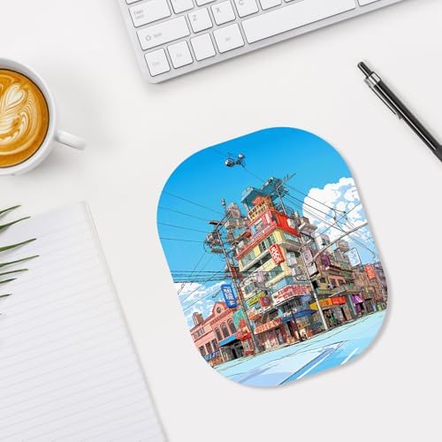 Small Mouse Pad, 6 x 7 Inch, Oval Mini Mouse Pad with Non-Slip Rubber Base for Laptop Wireless Mouse Keyboard Tray Mousepad, Streetscape