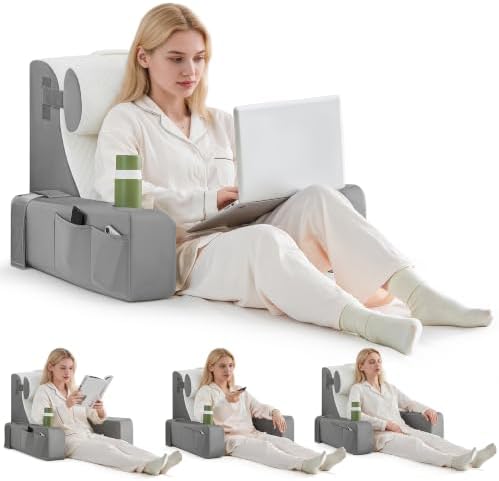 Reading Pillow for Bed, Back Pillow for Bed Sitting Up, Bed Pillows for Sitting Up with Adjustable Armrests, Cup Holder & Large Pocket, Backrest Cushion for Reading, Watching TV (WhiteGray, 4PCS)