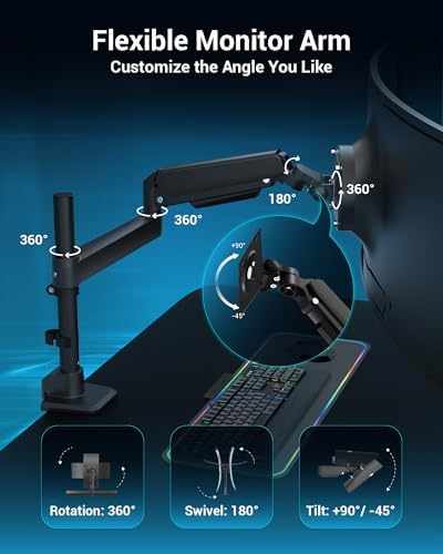 Heavy Duty Monitor Arm for 13-49 Inch Ultrawide Screens, Holds Up to 44lbs, Fully Adjustable Single Monitor Mount, with Clamp & Grommet Base, 75/100mm VESA Desk Mount, Black