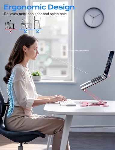 JCZT 360° Rotating Laptop Stand for Desk, Metal Foldable Laptop Riser, Pink