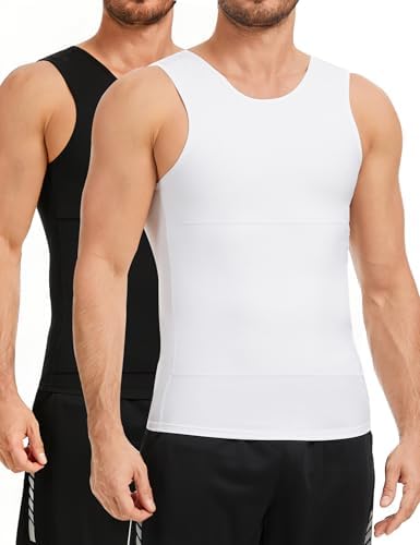 2 Pack Compression Shirt Tummy Control Undershirts Vest Workout Shapewear Sleeveless Posture Corrector for Men