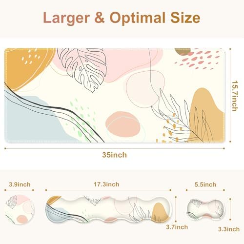 Gaming Mouse Pad Keyboard Wrist Support, 4 in1 Mousepad with Wrist Keyboard Rest, Computer Desk Mat, Non-Slip Desk Pad Protector with Memory Foam Easy Typing Pain Relief I Tree Leaf Boho Style