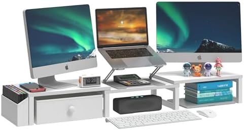 LAND·VOI Heavy Duty Dual Monitor Stand, Holds 2 Screens Up to 27 Inches, Adjustable Length and Angle Monitor Riser, Desk Organizer with Side Pockets and Drawers, Home Office Desk Storage, White