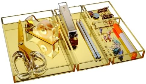 Gold Acrylic Desk Organizer for Office or Home Desk Drawer Dividers, Makeup Vanity Storage Bins, Stackable 4-Pack, Acrylic Accessory and Half Accessory Tray/Small Tray