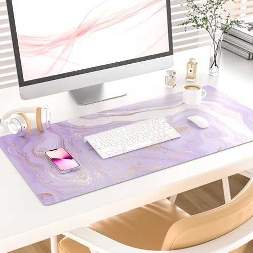 Faux Leather Large Mouse Pad, Office Desk Mat, 31.5"x15.7", Violet Marble