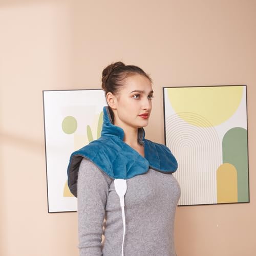 Ambershine 19''x24'' Weighted Neck & Shoulder Heating Pad, 2.5lbs with 12 Temperature Settings& 4 Auto-Off Timers, Pain Relief for Neck/Shoulder/Back(Gray&Blue)