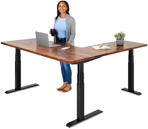 S STAND UP DESK STORE Triple Motor Electric L-Shaped Corner Standing Desk with EZ Assemble Frame (Black Frame/Solid Walnut Top, 71 inch W x 71 inch D)